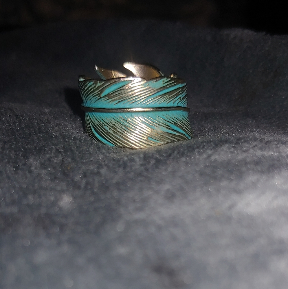Turquoise and Silver Feather Ring
